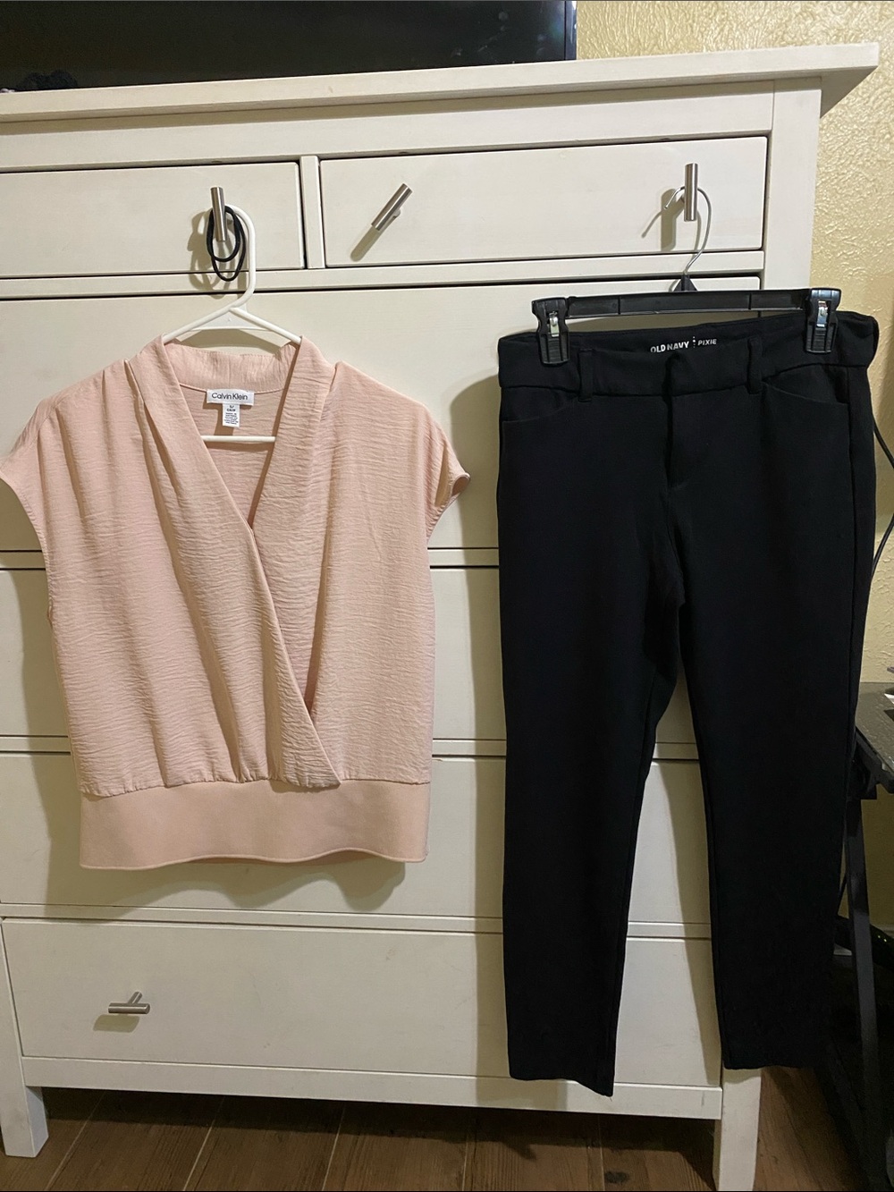 Calvin Klein Blush Pink Wrap Top with Old Navy pants